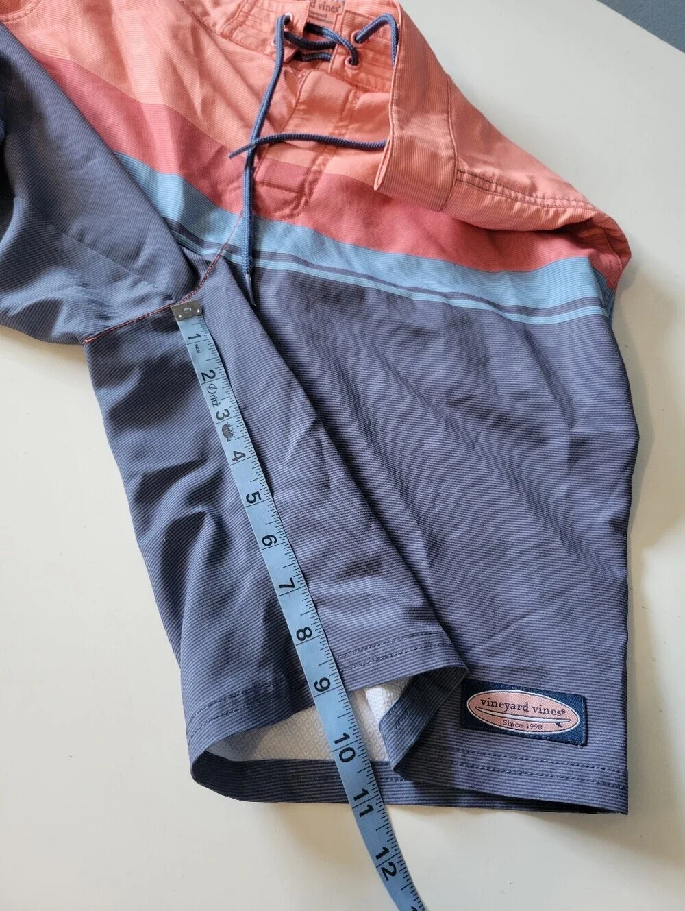 Vineyard Vines Performance Coral and Blue Stripe Board Shorts 32